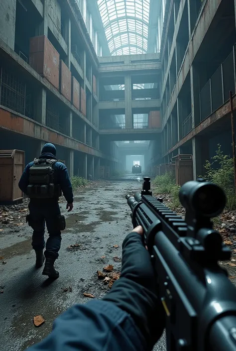 Abandoned factory, First person perspective holding an assault rifle wearing dark blue clothing