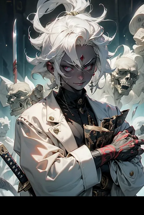 A white haired vampire brat, giving a wicked smile, he is holding a long sword, and has several blood vessels attached to a belt, he also wears a black high-collared cape