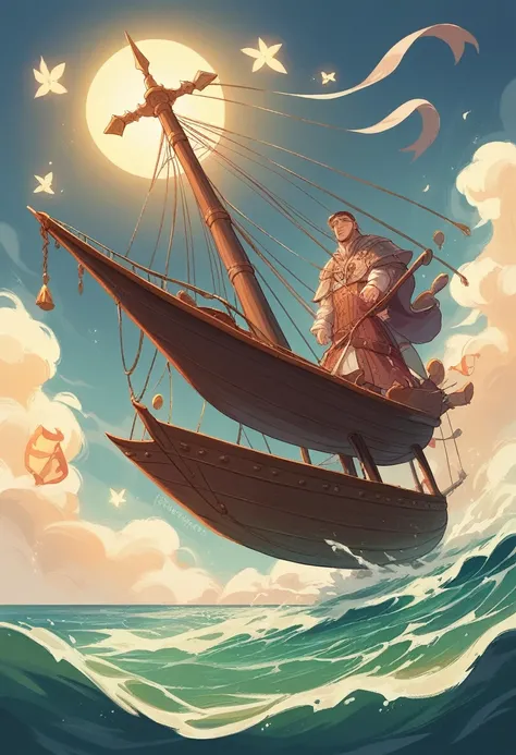 Create an image of a large medieval ship anchored in a fantasy harbor. The boat must have large, ornate sails, and be made of intricately carved wood. The port is made up of large rocks and stone pillars, with a mystical atmosphere. The scene is at dusk, w...