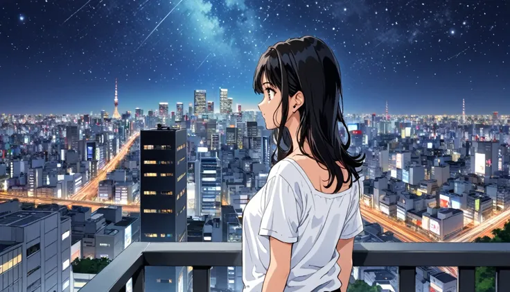 a black-haired woman looking out over the city of tokyo,night starry sky,streetscape、listen to music、japanese　black hair　cleavag...