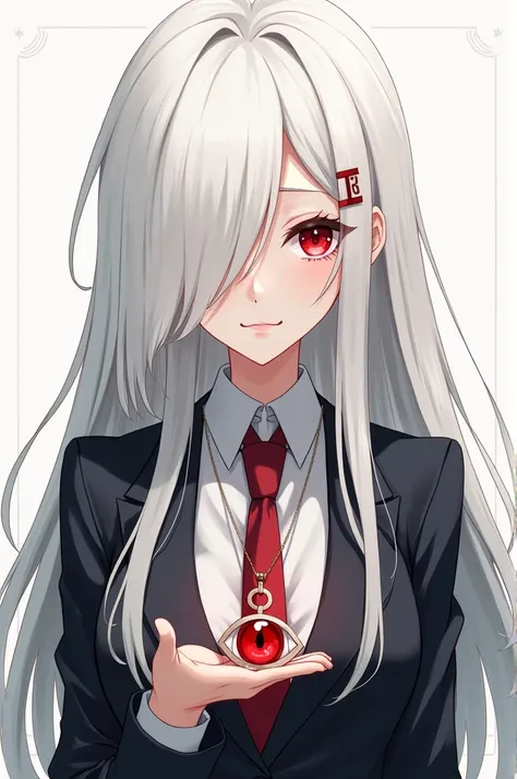 A anime girl with white hair that covers her left eye with a suit and a neckless that is a red eye in a hand drawn art style and she has red eyes 