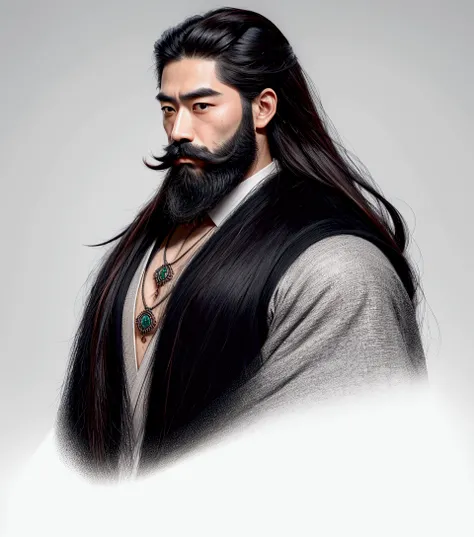 Japanese man, long dark beard, dark mustache connecting to beard, serious face, long hair, Hair jewelry, necklace with drop-shaped and rectangular and round gems, thin eyebrows , add color, almond eyes.