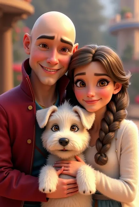 Disney Pixar style image of a Prince Charming with very very short hair, almost bald, white skin brown eyes, smiling next to his long black haired snow white wife, white skin brown eyes y pecas, Pretty and her daughter, a  girl with light brown hair and go...