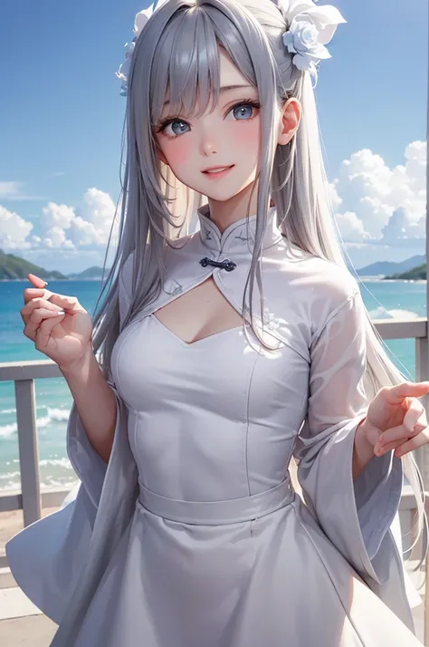 Best Quality,High resolution,8k,(plain white background, no patterns, no textures, just a plain white background:1.3),Masterpiece:1.2),beautiful girl,Glossy romance gray hair:,messy hair,Beautiful grey eyes,Chinese dress(blue),Gentle look,A refreshing look...