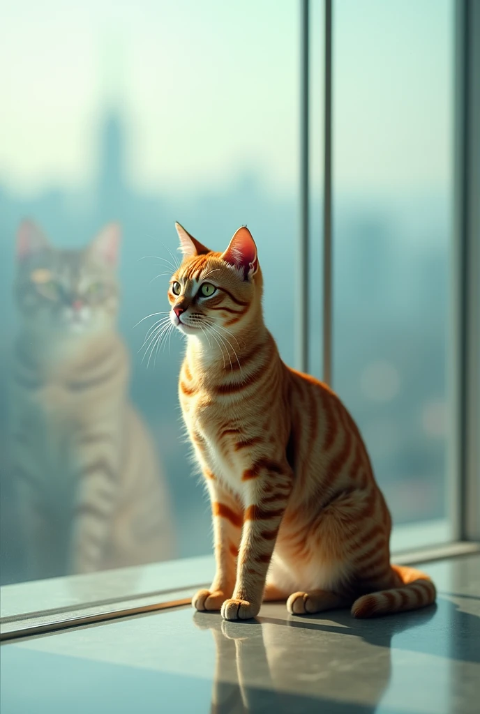 a cat stand in the glass wall