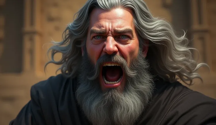 Highly detailed, realistic digital artwork of a bearded man with long, wavy gray hair. The subject has a light skin tone and striking blue eyes that convey a sense of intense emotion. His mouth is wide open, as if shouting or expressing surprise, capturing...