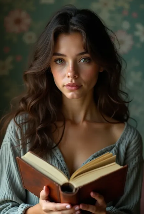 eighteen year old woman, brown skin, long curly brown hair holding old diary.