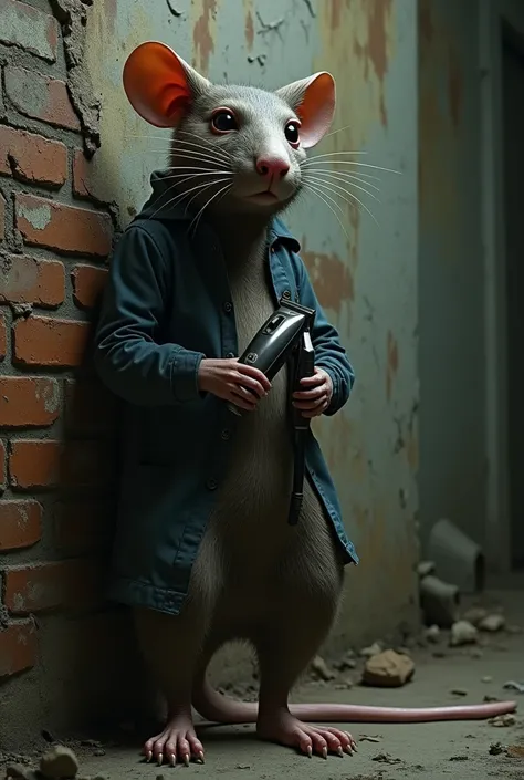 A humanoid rat holding a hair clipper leaning against a wall