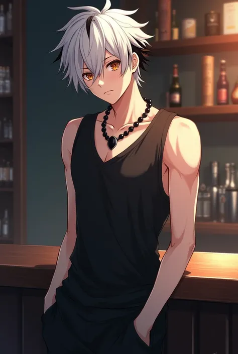 An anime boy, with slightly bald but messy hair that is white and black. He has very attractive brown eyes . There is a scratch on his left cheek. He wears a necklace with black beads and a black stone in the middle.His face is emotionless.In the picture, ...