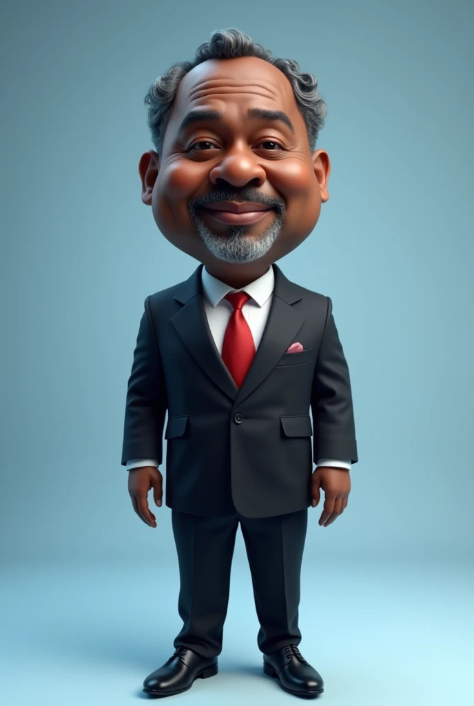 Realistic 4D caricature photo, full body,big head, a middle-aged man with an Afrika face, 50 years old, a face with a gray mustache and beard, dark skinned,Short curly gray hair, Round face, body is a bit chubby,wearing a formal black suit, white shirt, re...