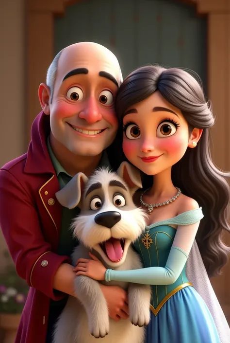 Disney Pixar style image of a 40 year old Prince Charming with very very short hair, almost bald, white skin brown eyes, smiling snow white wife with long black hair, white skin brown eyes y pecas, Pretty daughter, a  girl with light brown hair and golden ...