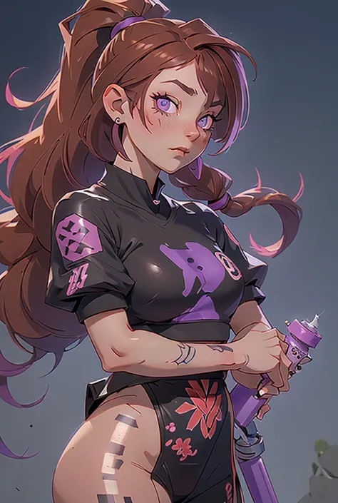 1 woman, cyperpunk style, purple eyes, hair with two pigtails, fringe, reddish brown hair, japanese tattoos on arms, expression:...