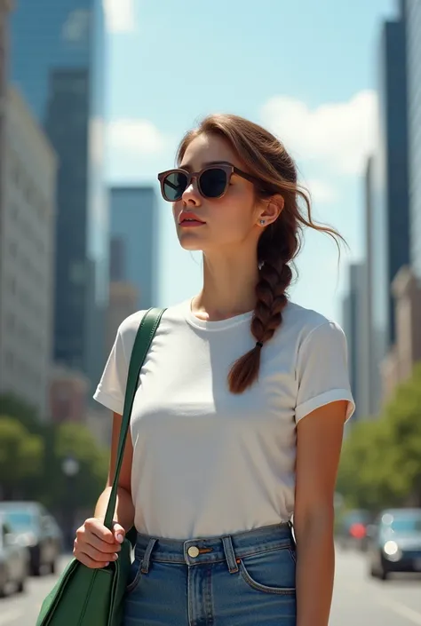 1 girl, 30 years, side braid, long braid, Light brown hair, big lips, gives, T-shirt white big , denim skirt , green handbag , sunglasses , white sneakers , against the backdrop of a metropolis, High resolution, in detail, Best quality, Realistic anatomy, ...