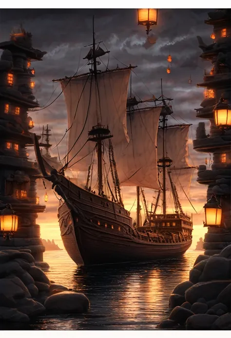 Create an image of a large medieval ship anchored in a fantasy harbor. The boat must have large, ornate sails, and be made of intricately carved wood. The port is made up of large rocks and stone pillars, with a mystical atmosphere. The scene is at dusk, w...