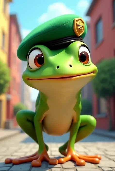 Animated frog with green beret in cartoon