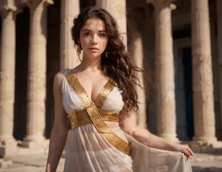 Generate an image of a young woman in a traditional ancient Greek outfit with her midriff exposed. She should be standing against a backdrop of classical Greek columns, giving a sense of ancient architecture. Her attire should resemble a flowing chiton or ...