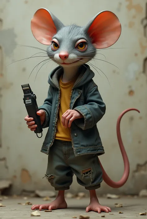 A humanoid rat leaning against the wall holding a hair clipper with a wry smile looking at the machine 