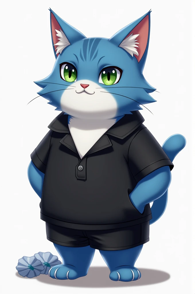 a blue cat character, with a mouth down to a white belly, with green eyes, anthropomorphic, wearing a black polo shirt, with short sleeves and an open collar, also wearing black shorts