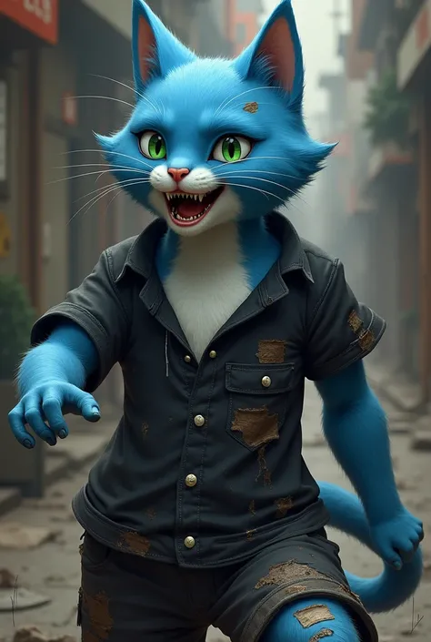 a blue cat character, with a mouth down to a white belly, with green eyes, anthropomorphic, wearing a black polo shirt, with short sleeves and an open collar, also wearing black shorts, Wounded and dirty, with his clothes torn, he is fighting a villain