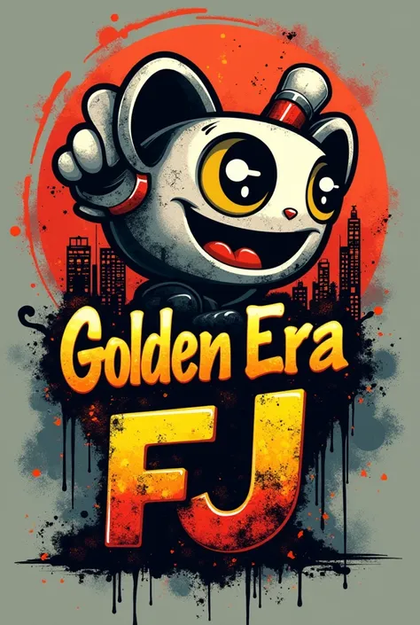 A logo that says “GOLDEN ERA FJ” streetwear style with opaque colors inspired by chill vibes and graffiti inspired by the streetwear lifestyle add Cuphead style eyes

