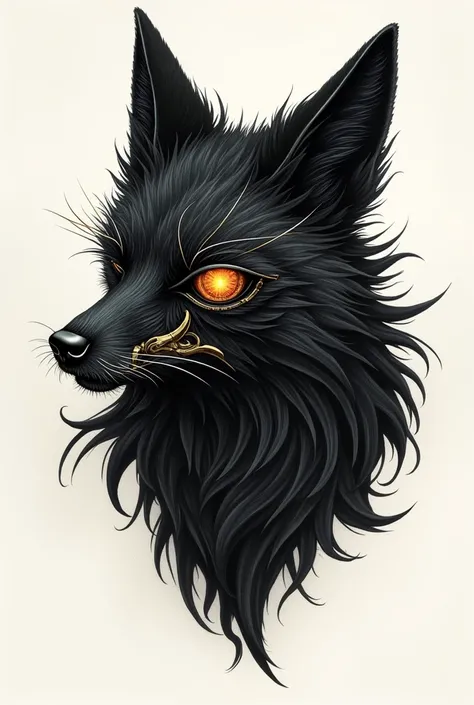 Create the image of a black fox to be a tattoo without coloring with a scar on the left eye from the forehead to the jaw and the golden mechanical eye the other eye is reddish brown, get this tattoo in blackwork style