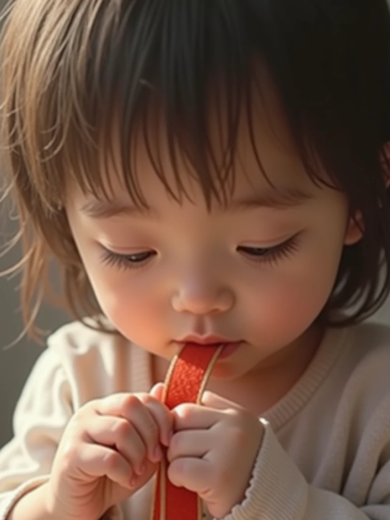 /extreme realism, close-up of a childs pen, holding a ribbon, touching and romantic