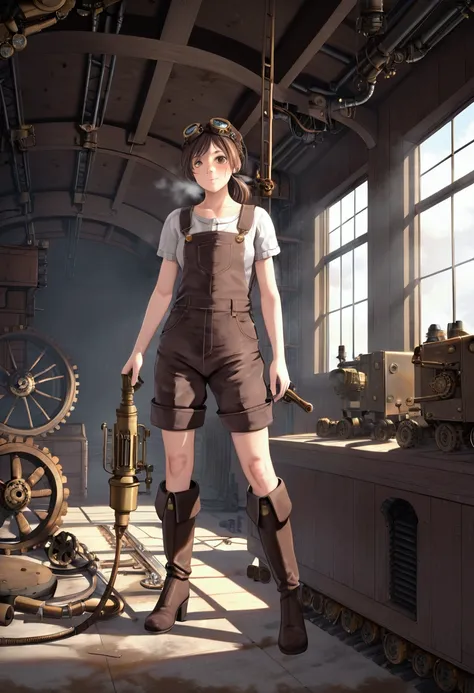 (Best quality, 4k, Masterpiece :1.3), 1girl, (steampunk), scenery, steampunk room engine, repairing engine, gears, cogs, steam, boots, overalls, goggles, dirty face, standing, machinery, oil on floor, dirty floor