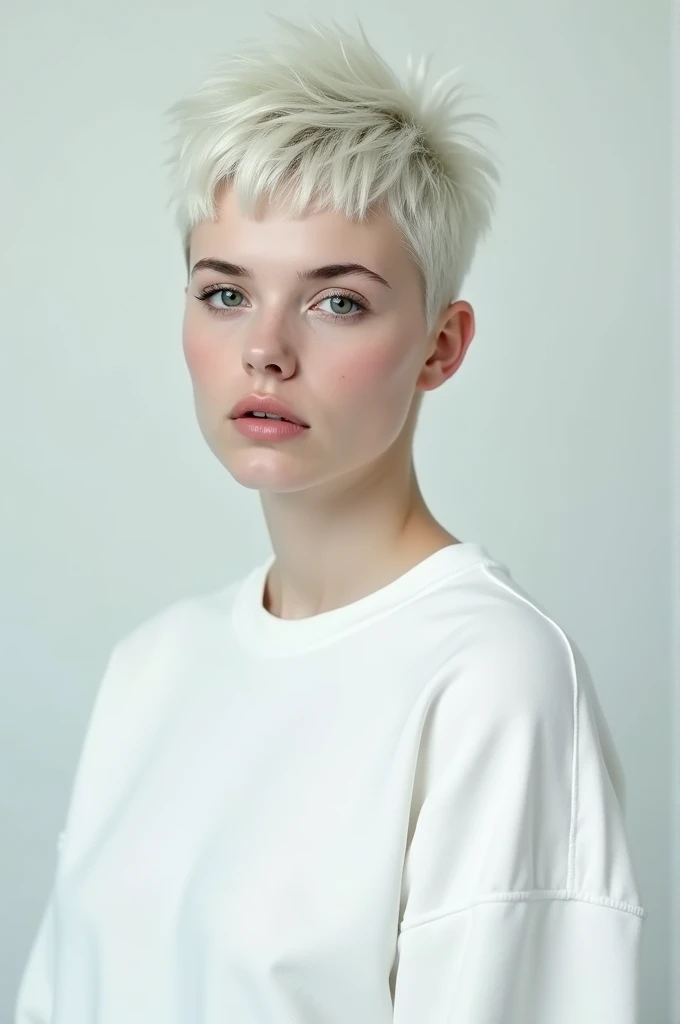 A woman of small stature, short white masculine hair, pale, wearing a white sweatshirt