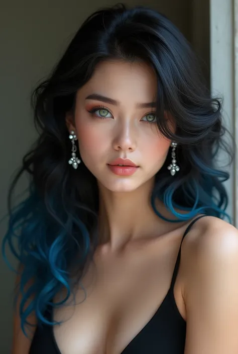 
a young woman with soft, wavy black and blue-tipped hair that falls to her shoulders, parted on the side. His expression is neutral, with slightly parted lips and piercing light green eyes. She wears elegant, shiny earrings and a low-cut black mini dress,...