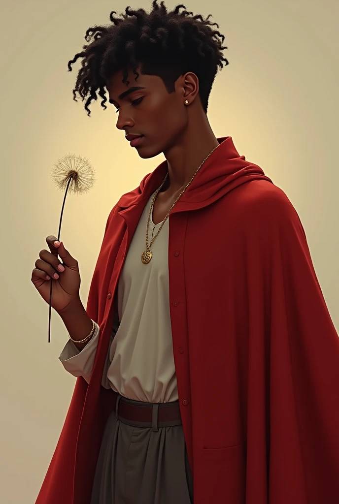 Handsome eighteen year old man, afrodescendant, black hair with red cloak and holding a dandelion flower. 