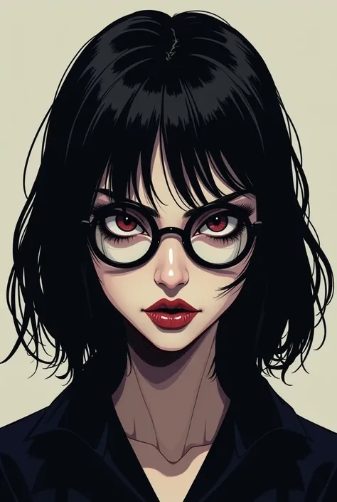 Black Hair　Small round black glasses　Evil face　Illustration