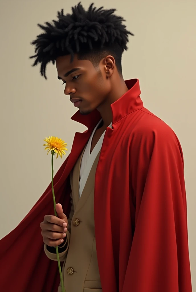 Handsome eighteen year old man, afrodescendant, black hair with red cloak and holding a dandelion flower. 