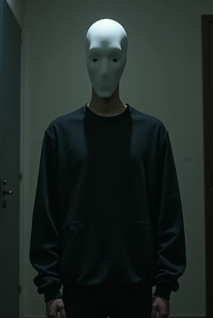 A teenager with a normal body wearing a Slenderman mask and a black sweatshirt