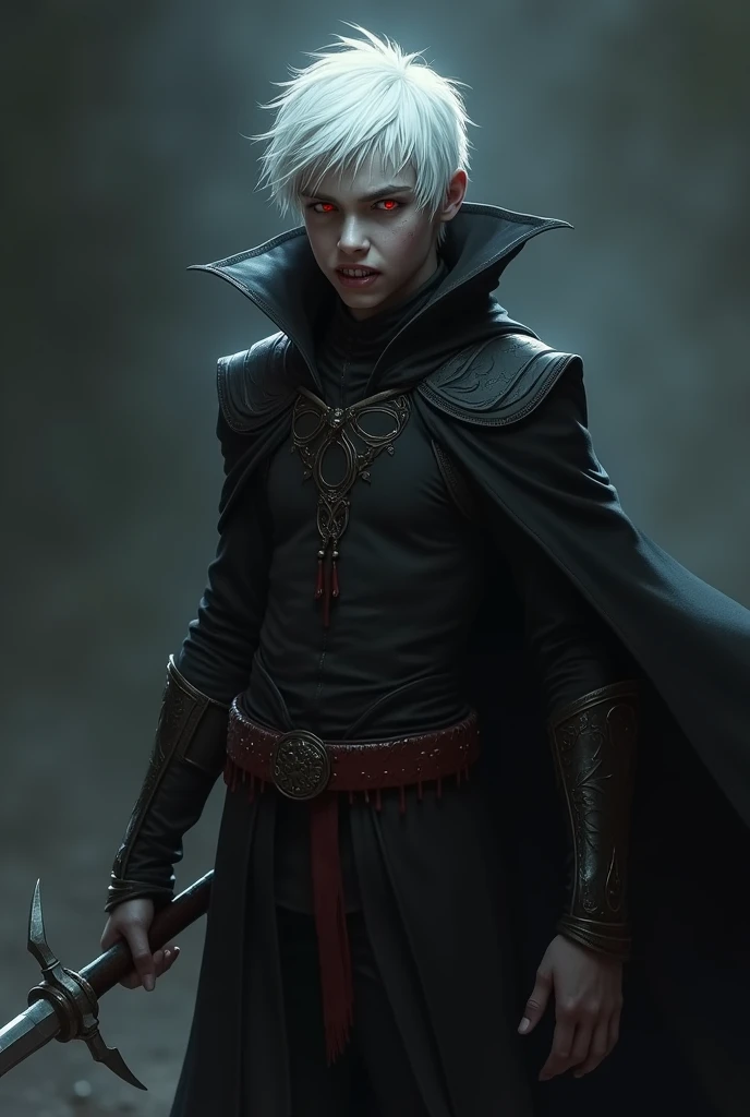 (A white haired vampire brat), (muka: giving a wicked smile, red eyes), (pose: he is holding a long sword, as if prepared to attack) (vestimentas: he has a belt with several blood drops, and he&#39;s wearing a long, high-necked black cape)