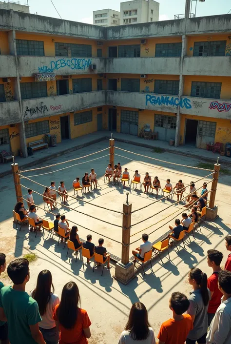 Create an image of a high school courtyard in Brazil during summer break. The students have set up a makeshift fighting ring using ropes tied to wooden poles and school chairs. The concrete ground shows signs of wear, with some grass patches and graffiti o...