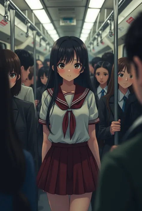 High school girl、Crowded train、Black Hair、Big Breasts、chichibukuro、uniform、Sweaty、Real、Timid