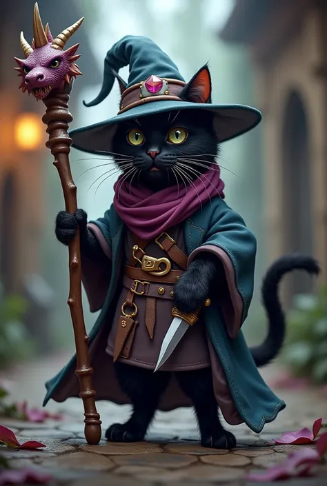 A role playing cat, inspired by veigar from league of legends, with a mix of wizard and rogue outfits, wizard hat, a dagger and a wooden staff with a dragon&#39;s head, a small black cat that walks on two legs like Puss in Boots