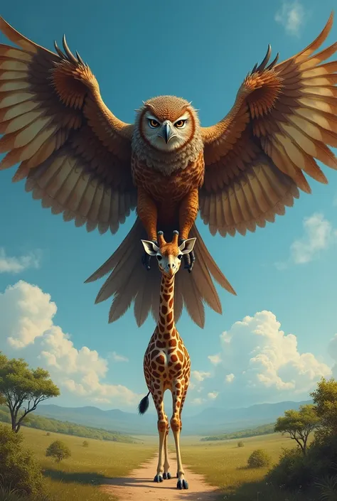 Giant owl with open wings on top of small giraffe 



