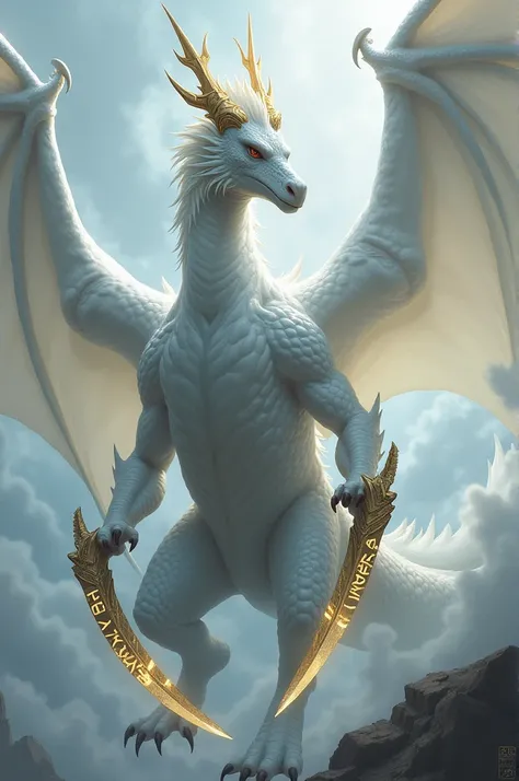 I want a white dragon with 2 blades on each blade must have marked in gold "Alexandre"