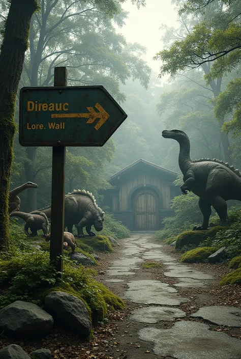 Abandoned Dinosaur-Themed Park, sign indicating directions to follow