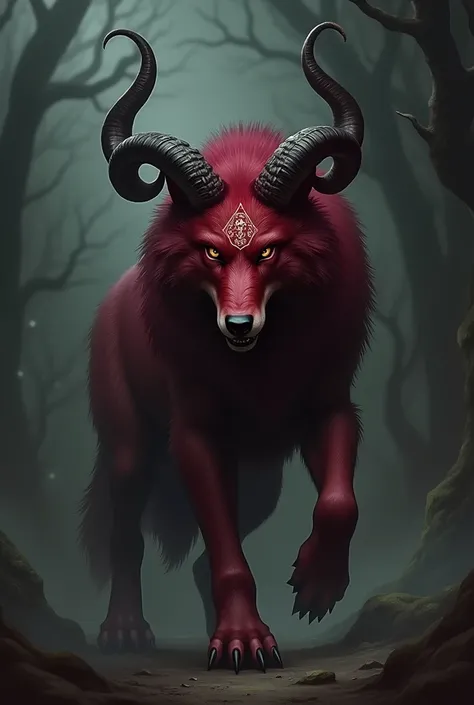 Dark red wolf with curled horns and a hexagon on its head 