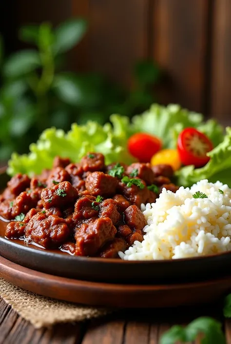 Photo of a plate with delicious Bahian feijoada with rice and salad. The background should be woody with green and the food very appetizing.