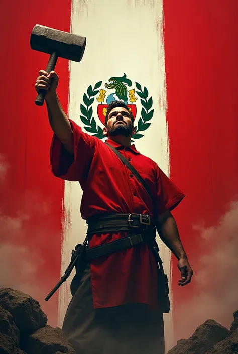 The flag of Peru with a hammer in right hand 
