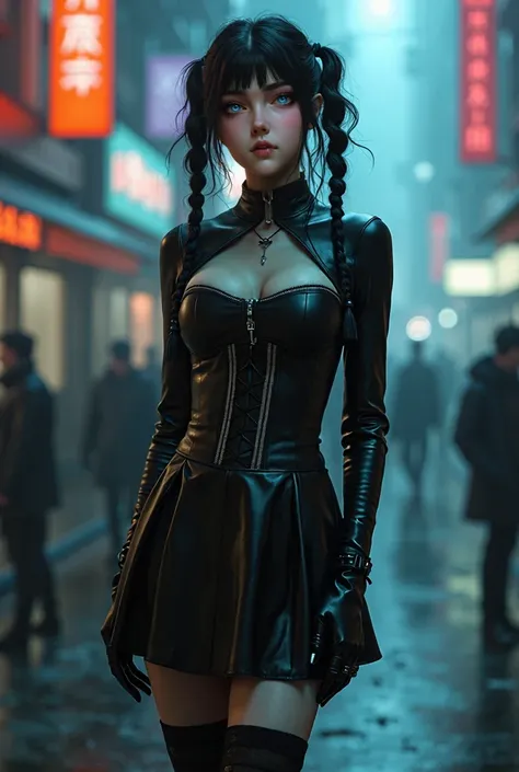 gothic teenager, black gothic leather dress, with hair in pigtails and pigtails. giant neckline, 30 cm high. blue eyes. pale and white skin. big breasts and slim build. wavy hair in pigtails. Full body image. short skirt. black stockings. Waders. cyberpunk...