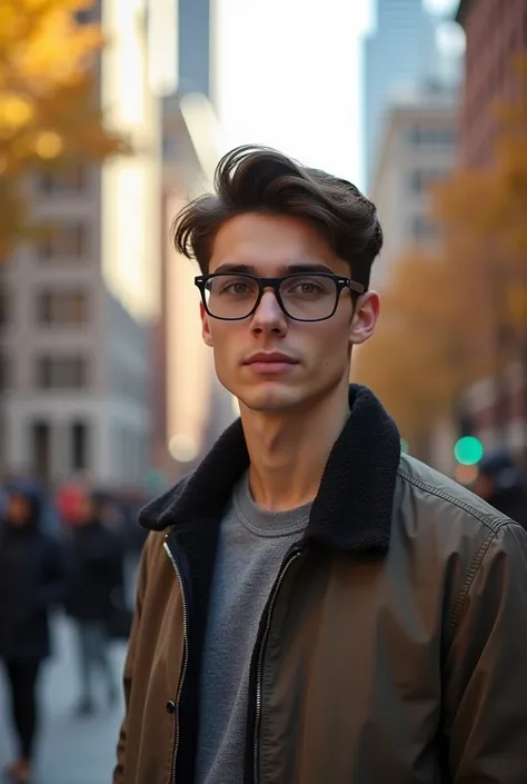 Bel homme dans la vingtaine à côté dune université à New York avec les yeux marrons une paire de lunettes 