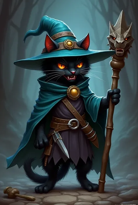 A role playing cat, inspired by veigar from league of legends, with a mix of wizard and rogue outfits, wizard hat, a dagger and a wooden staff with a dragon&#39;s head, a small black cat that walks on two legs like Puss in Boots, with a sadistic smile and ...