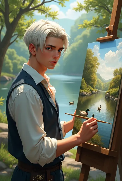 Create a boy like 20 years old, dressed as a painter, that I am making a portrait of a landscape with some ducks, blue eyes, straight hair, with a low cut on the sides and white book-style hair, realistic image