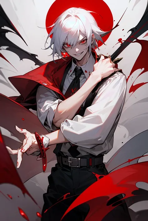 (A white haired vampire brat) he is a man, (muka: giving a wicked smile, red eyes), (pose: he is holding a long sword, as if prepared to attack) (vestimentas: he has a belt with several blood drops, and he&#39;s wearing a long, high-necked black cape)