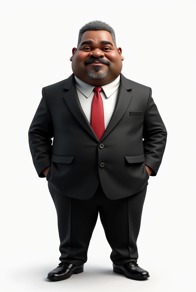 Realistic 4D caricature photo, full body,big head, a middle-aged man with an Afrika face, 50 years old, a face with a gray mustache and beard, dark skinned,Short curly gray hair, Round face, body is chubby,wearing a formal black suit, white shirt, red tie,...