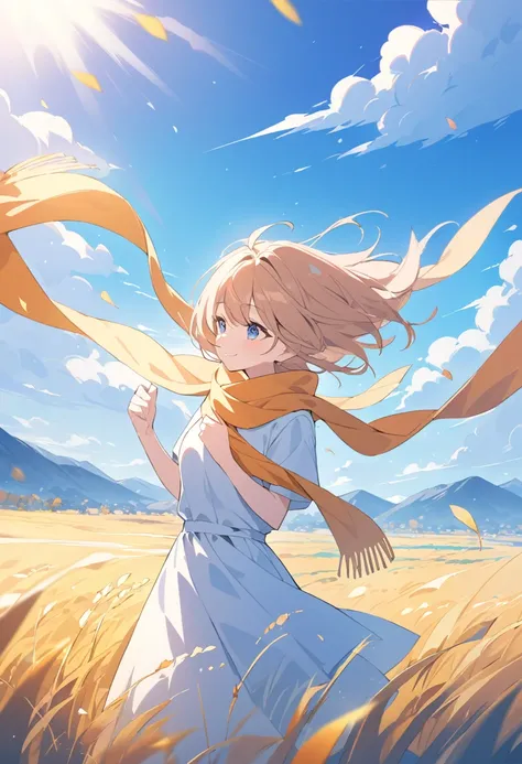 A woman standing in a breezy autumn meadow, holding a scarf in her hand and smiling up at the bright blue sky. The sky is vivid with a few clouds scattered, and distant mountains appear hazy on the horizon. Her scarf flows freely in the wind, almost as if ...